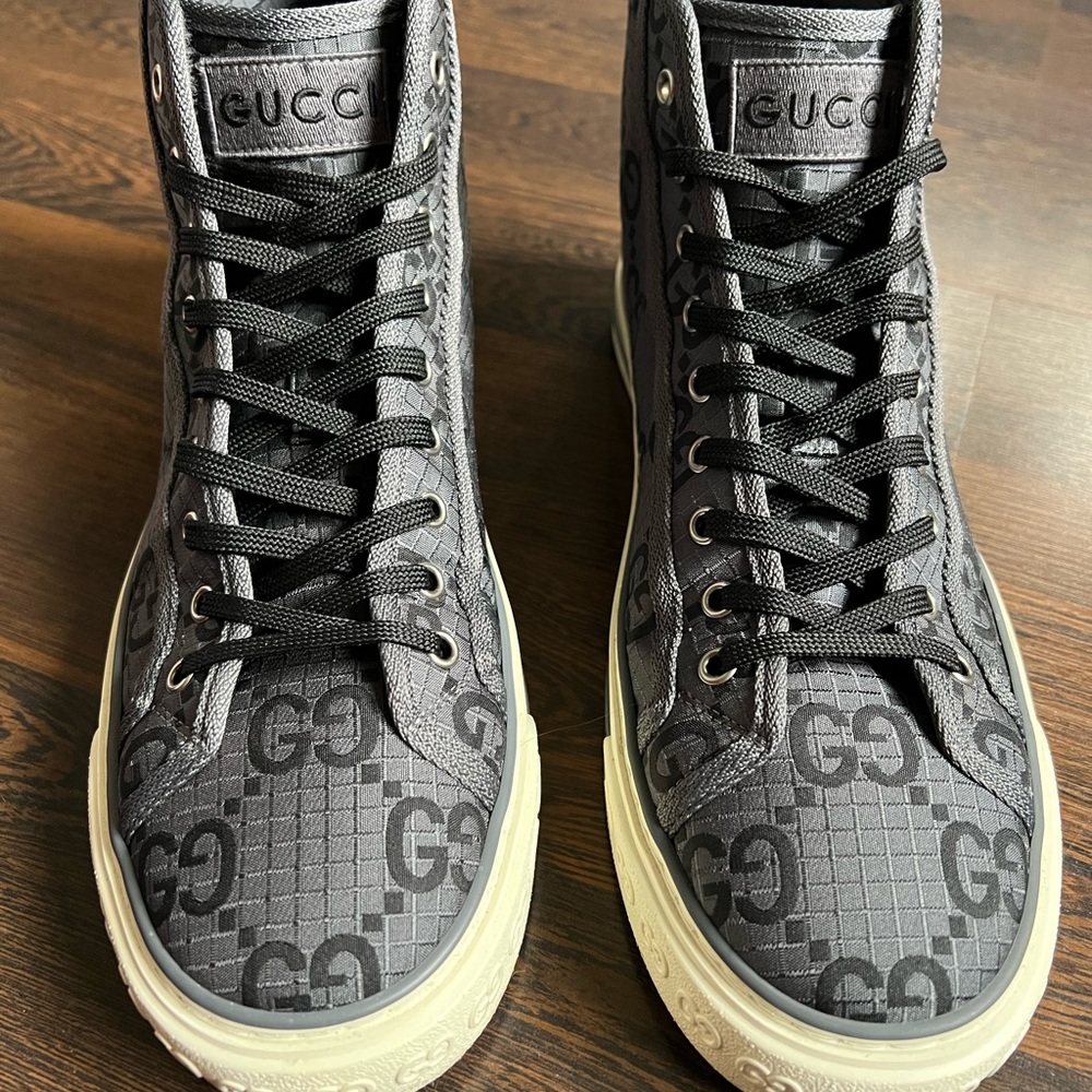 Gucci Men's Black and Gray High-Top Sneakers Tennis 1977 Size 10 Monogram